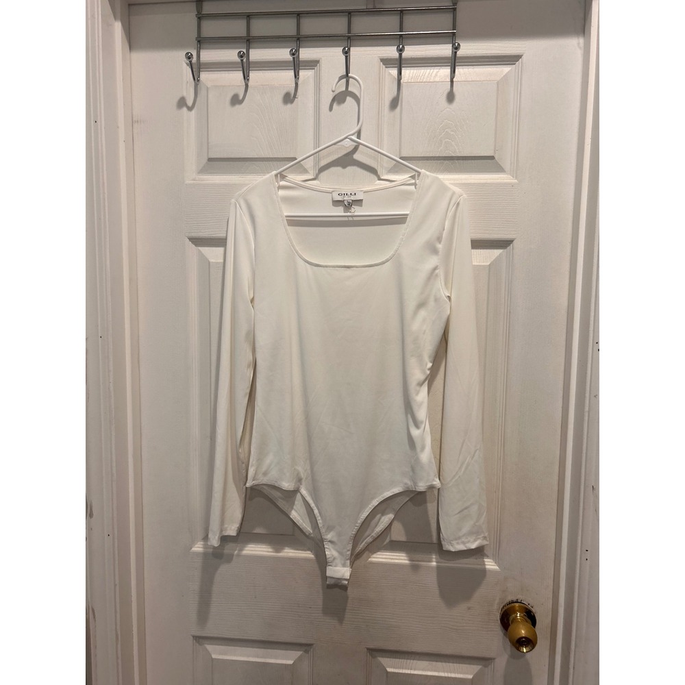 Gilli Womens White Ribbed Square Neck Long Sleeve Bodysui Large Neutral Capsule